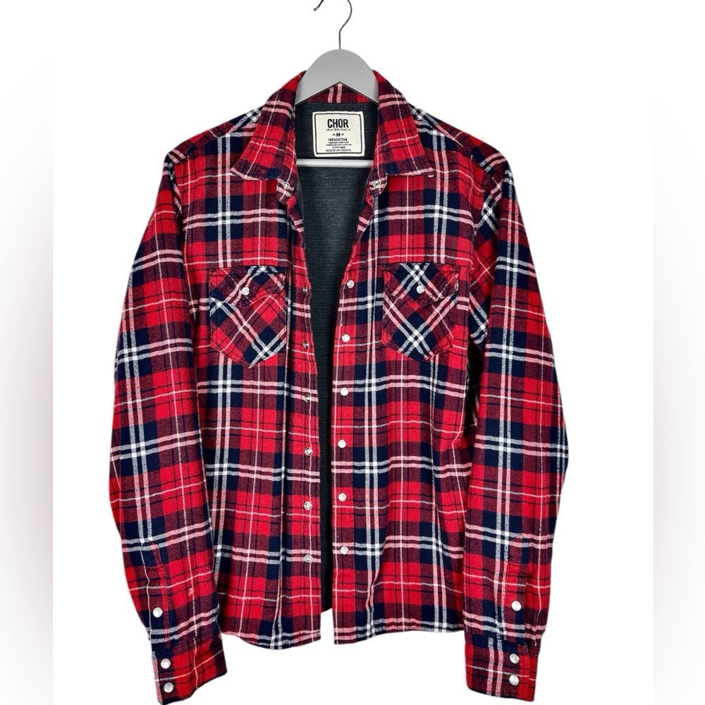 CHOR Men’s‎ Flannel Plaid thermal lined Shirt medium Red pearl snap